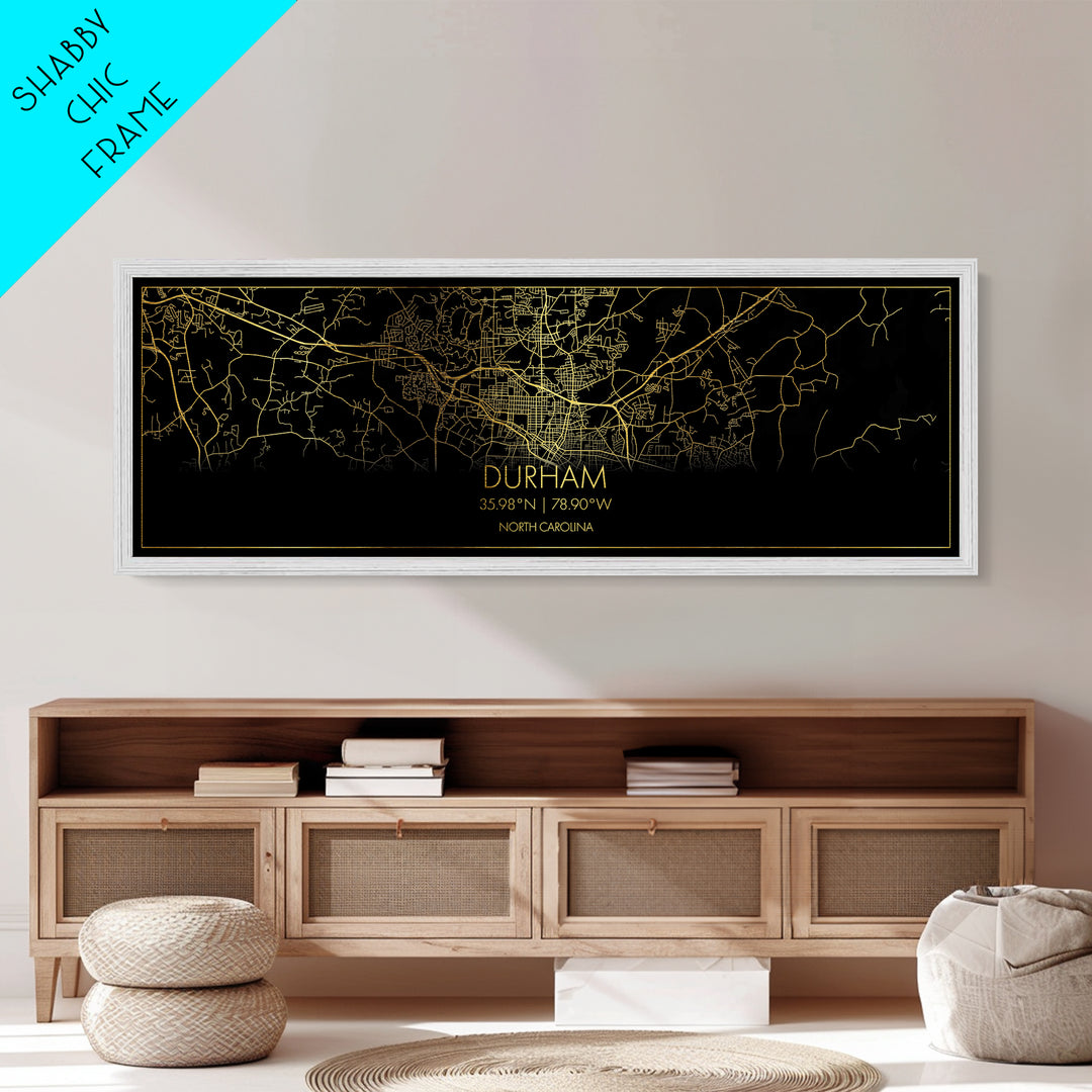 Durham North Carolina City Poster, Panoramic street map, black and gold, Metallic Gold Art, Metal Art, wood framed map, Modern Wall Art