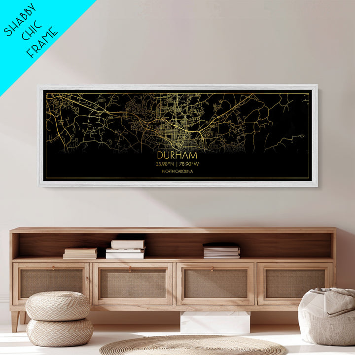 Durham North Carolina City Poster, Panoramic street map, black and gold, Metallic Gold Art, Metal Art, wood framed map, Modern Wall Art