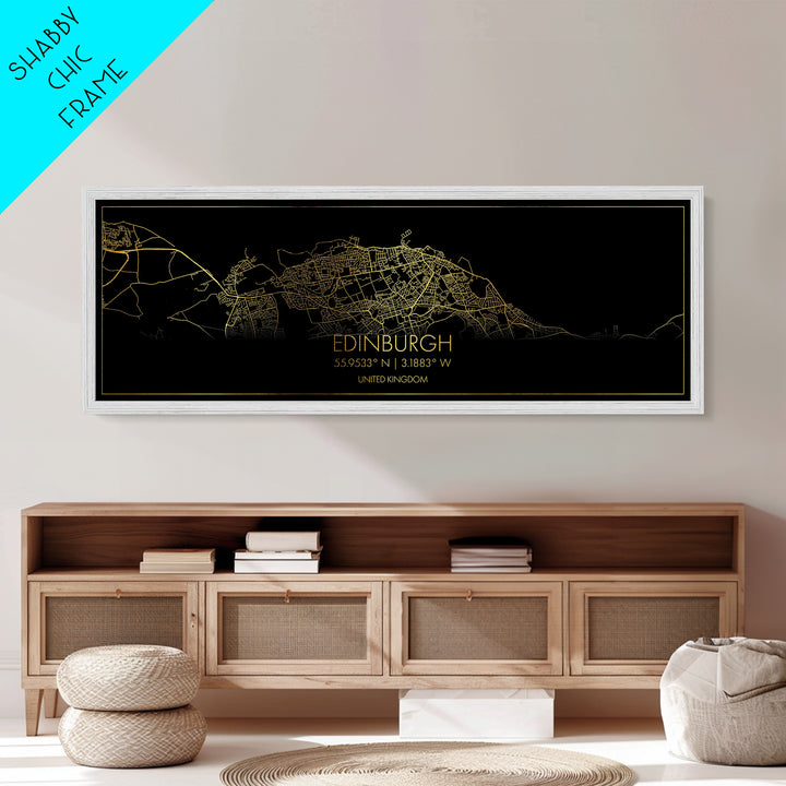 Edinburgh United Kingdom City street map, Panoramic art, black and gold, Metallic Gold Print, Metal Art, real wood frames, Best Friend Gifts