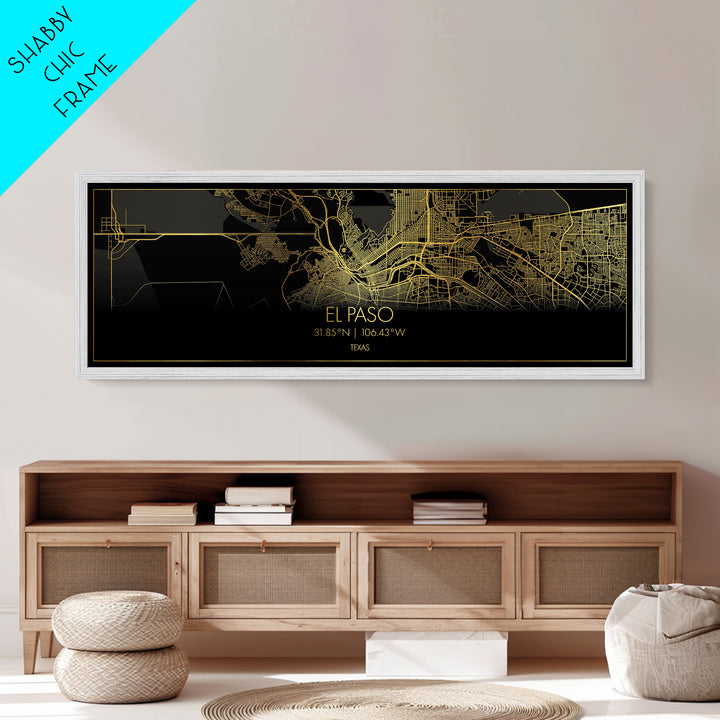 El Paso Texas City street map, Panoramic art, black and gold, Metallic Gold Print, Metal Art, real wood frames, Wall Art, City Map Print Poster