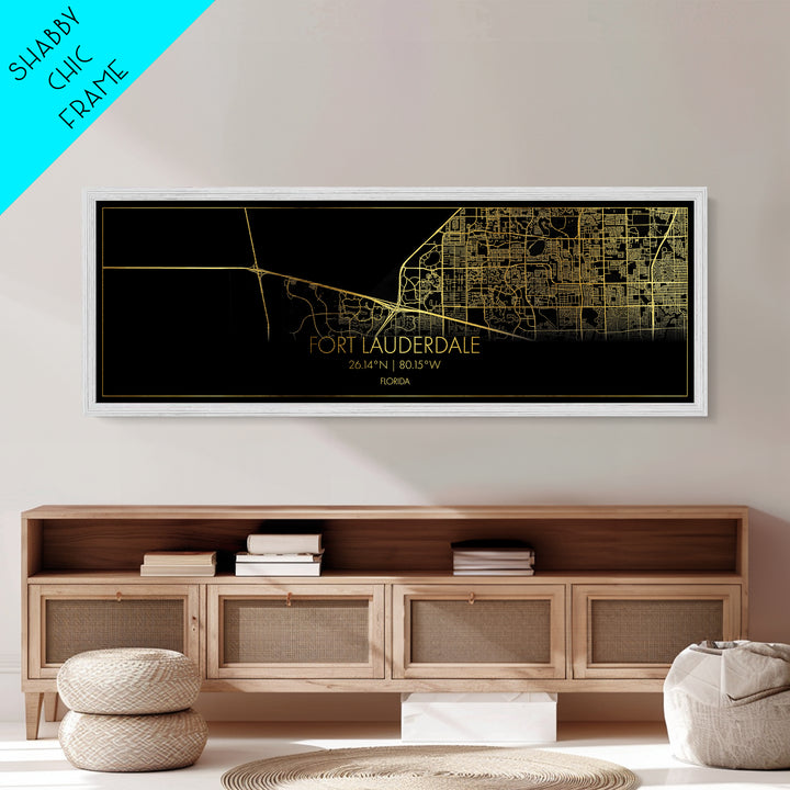 Fort Lauderdale Florida City street map, Panoramic art, black and gold, Metallic Gold Print, Metal Art, real wood frames, Modern Wall Art