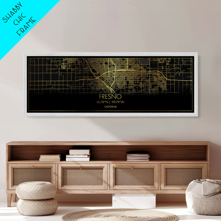 Fresno California City street map, Panoramic art, black and gold, Metallic Gold Print, Metal Art, real wood frames, Minimalist Wall Art