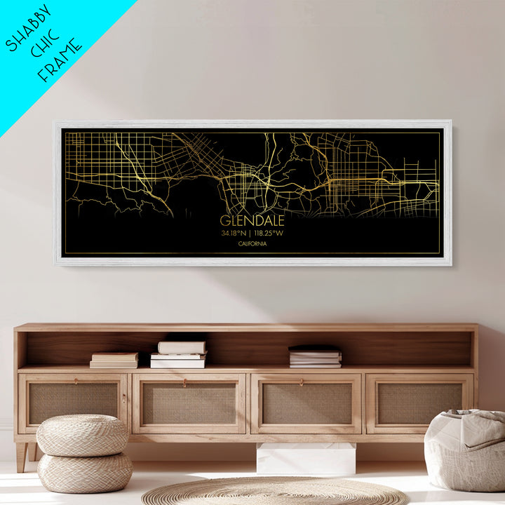 Glendale California City street map, Panoramic art, black and gold, Metallic Gold Print, Metal Art, real wood frames, Minimalist Wall Art