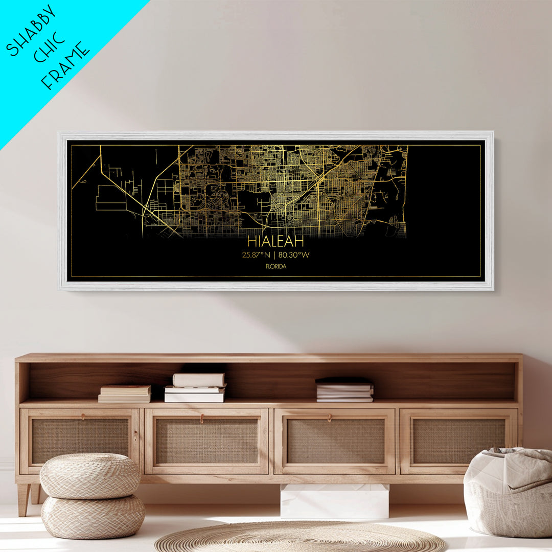 Hialeah Florida City street map, Panoramic art, black and gold, Metallic Gold Print, Metal Art, real wood frames, Modern House Art