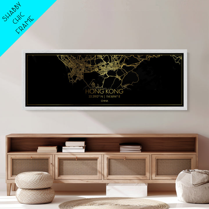 Hong Kong China City Poster, Panoramic street map, black and gold, Metallic Gold Art, Metal Art, wood framed map, Minimalist Wall Art
