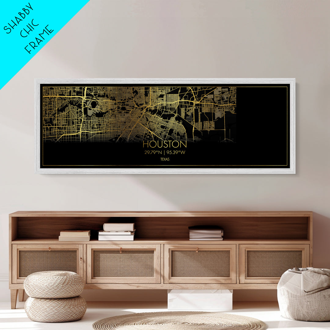Houston Texas City Poster, Panoramic street map, black and gold, Metallic Gold Art, Metal Art, wood framed map, Housewarming Gift
