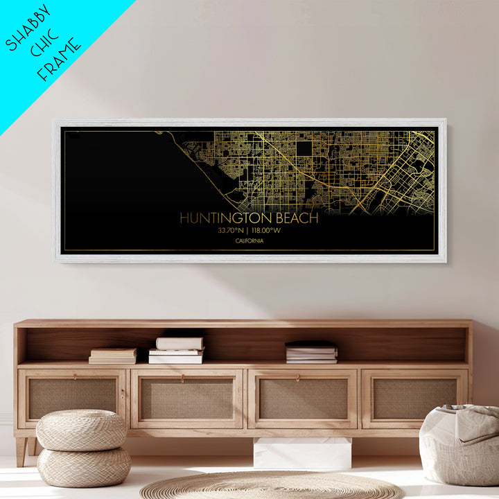 Huntington Beach California street map, Panoramic art, black and gold, Metallic Gold Print, Metal Art, real wood frames, Modern Wall Art