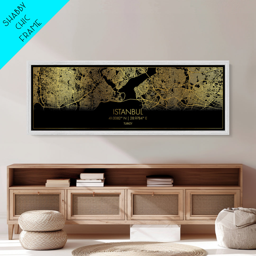 Istanbul Turkey map, Panoramic art, black and gold, Metallic Gold Print, Metal Art, real wood frames, Street Map Art, Best Friend Gifts