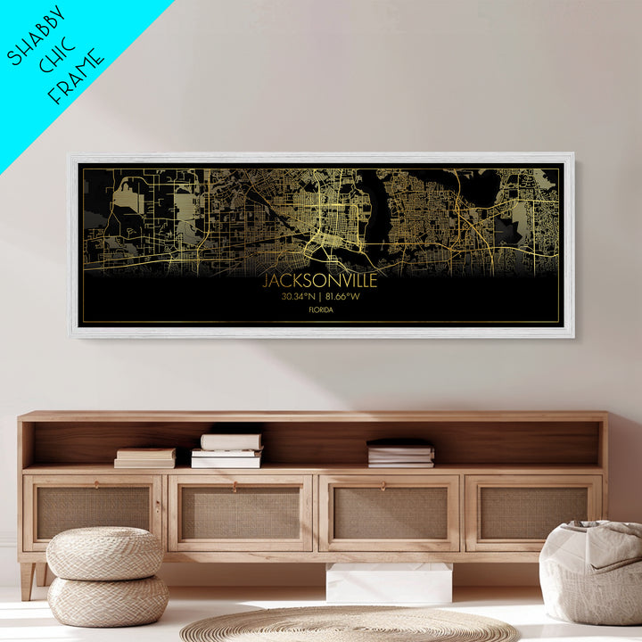 Jacksonville Florida City street map, Panoramic art, black and gold, Metallic Gold Print, Metal Art, real wood frames, Office Décor