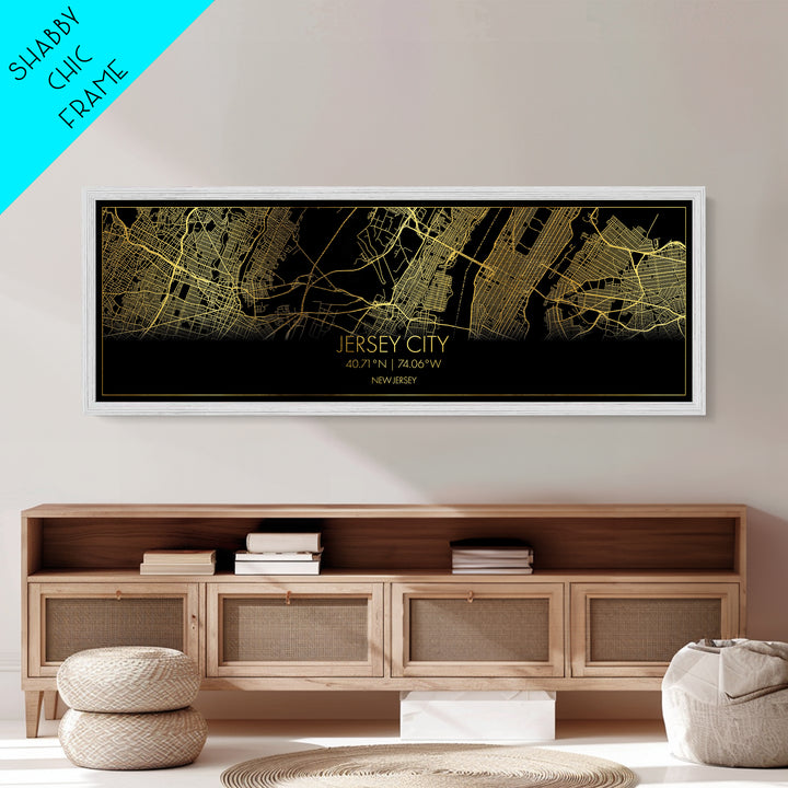Jersey City New Jersey City street map, Panoramic art, black and gold, Metallic Gold Print, Metal Art, real wood frames, Minimalist Wall Art