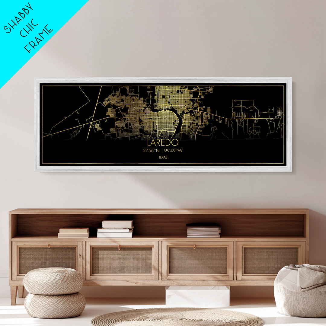 Laredo Texas City street map, Panoramic art, black and gold, Metallic Gold Print, Metal Art, real wood frames, Housewarming Gift