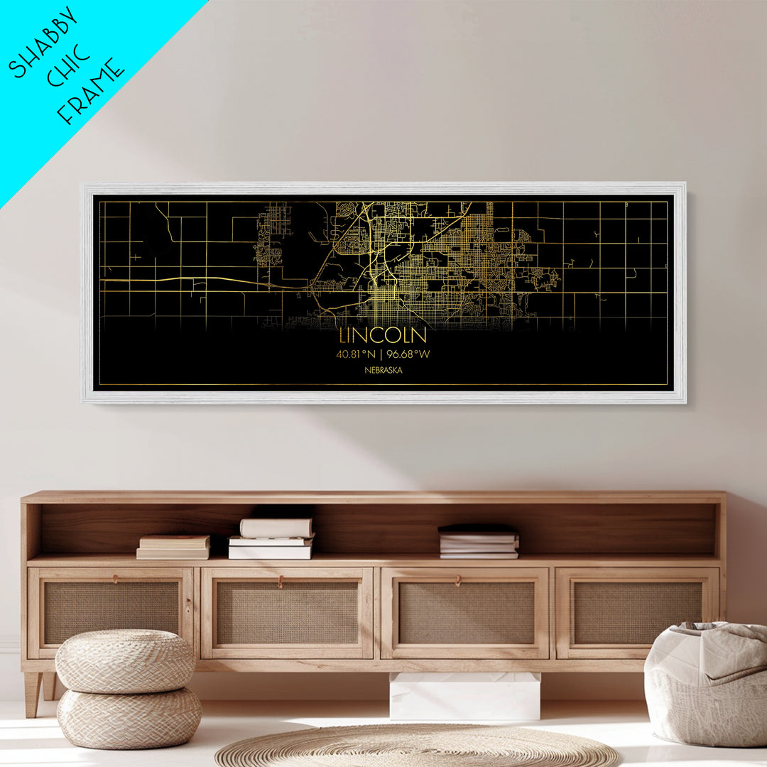 Lincoln Nebraska City Poster, Panoramic street map, black and gold, Metallic Gold Art, Metal Art, wood framed map, College Dorm Décor