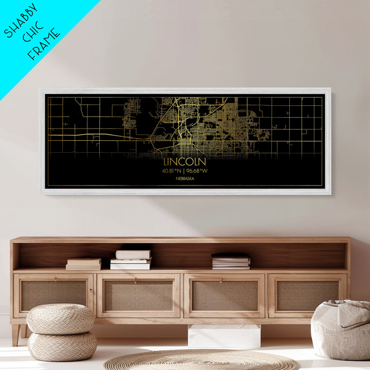 Lincoln Nebraska City Poster, Panoramic street map, black and gold, Metallic Gold Art, Metal Art, wood framed map, College Dorm Décor