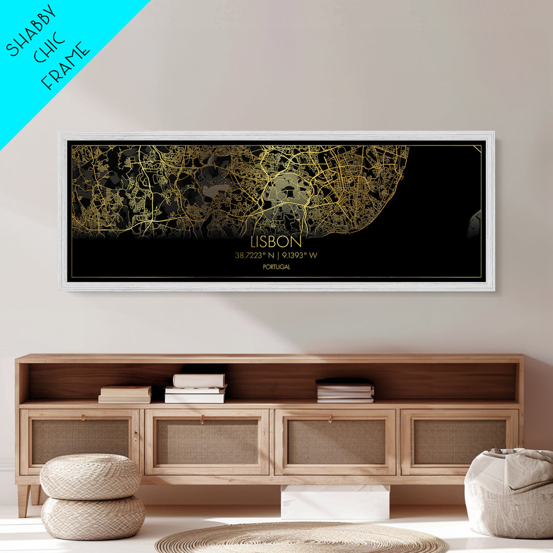 Lisbon Portugal map, Panoramic art, black and gold, Metallic Gold Print, Metal Art, real wood frames, Modern Wall Art, Housewarming Gift