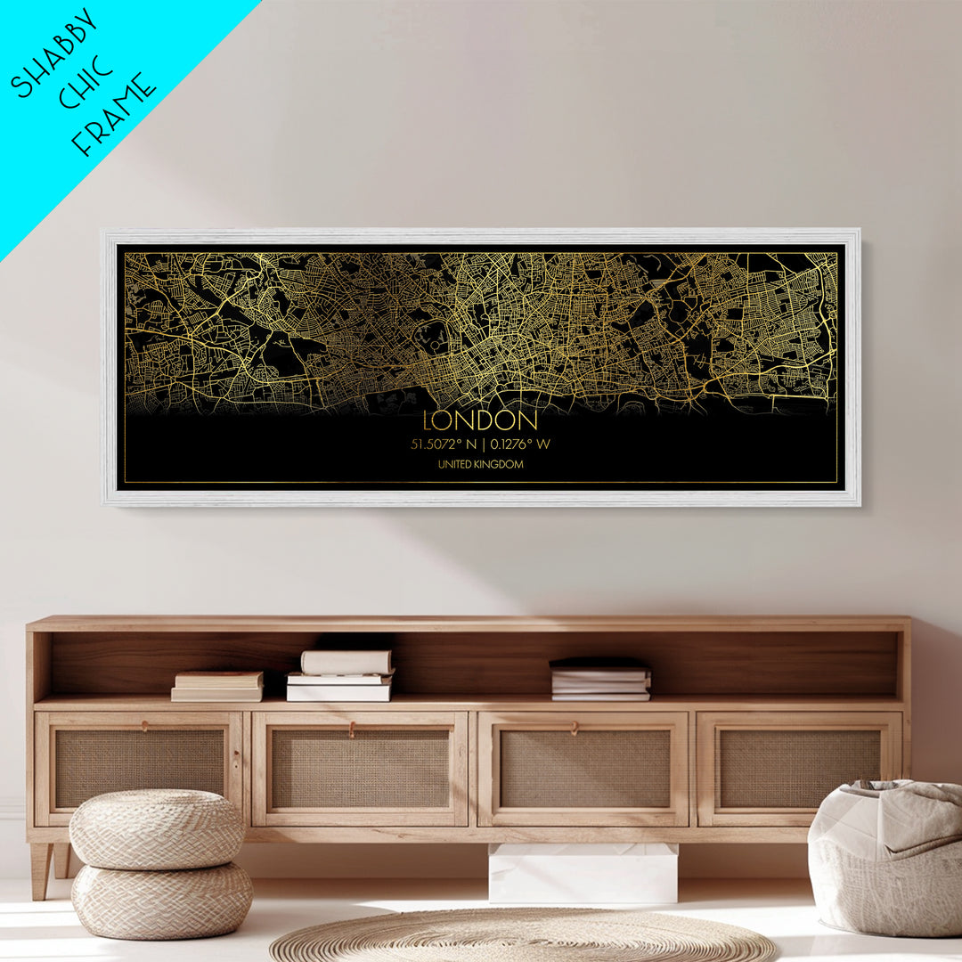 London United Kingdom City street map, Panoramic art, black and gold, Metallic Gold Print, Metal Art, real wood frames, Best Friend Gifts