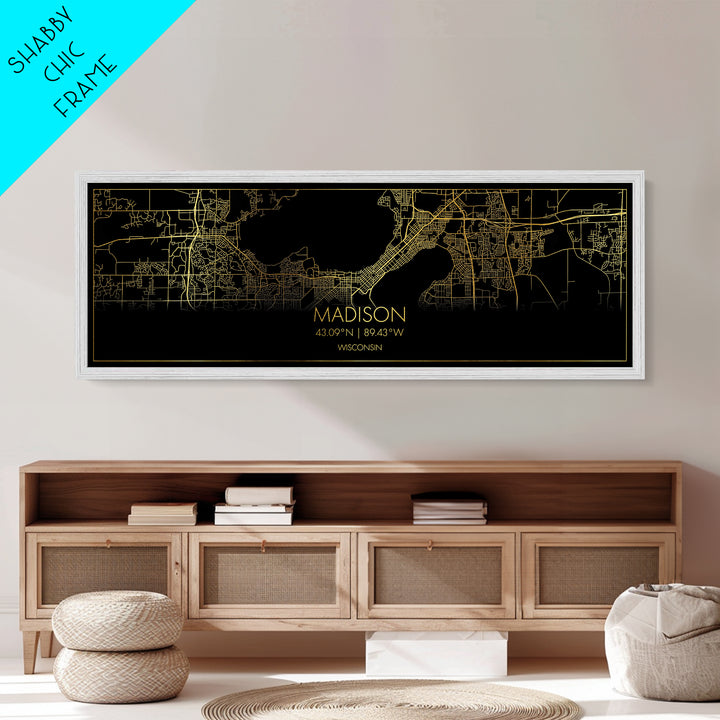 Madison Wisconsin City street map, Panoramic art, black and gold, Metallic Gold Print, Metal Art, real wood frames, Wall Art, Minimalist Art