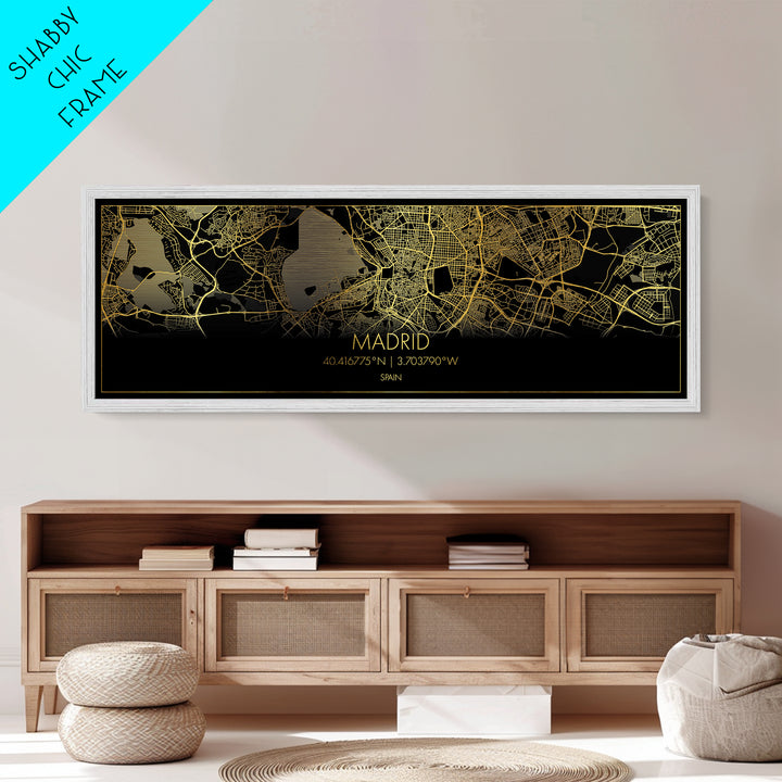 Madrid Spain City Poster, Panoramic street map, black and gold, Metallic Gold Art, Metal Art, wood framed map, College Dorm Décor
