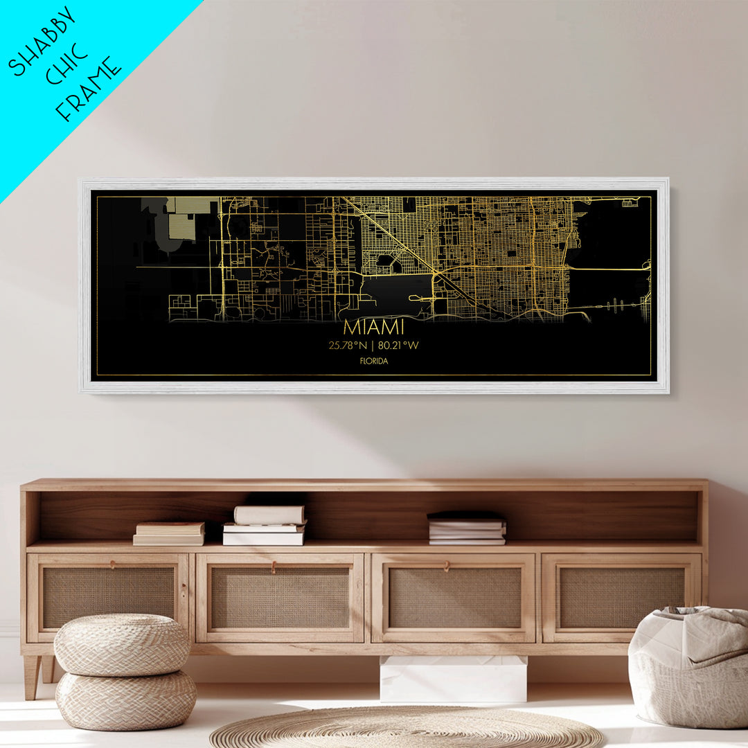 Miami Florida City street map, Panoramic art, black and gold, Metallic Gold Print, Metal Art, real wood frames, Office Decor, Wall Art