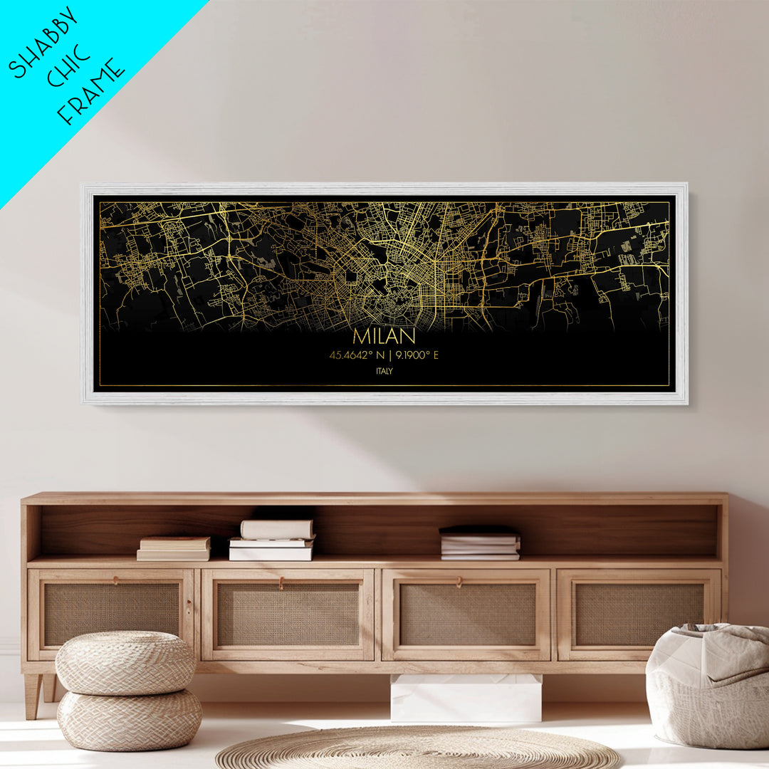 Milan Italy City Poster, Panoramic street map, black and gold, Metallic Gold Art, Metal Art, wood framed map, Modern Wall Art