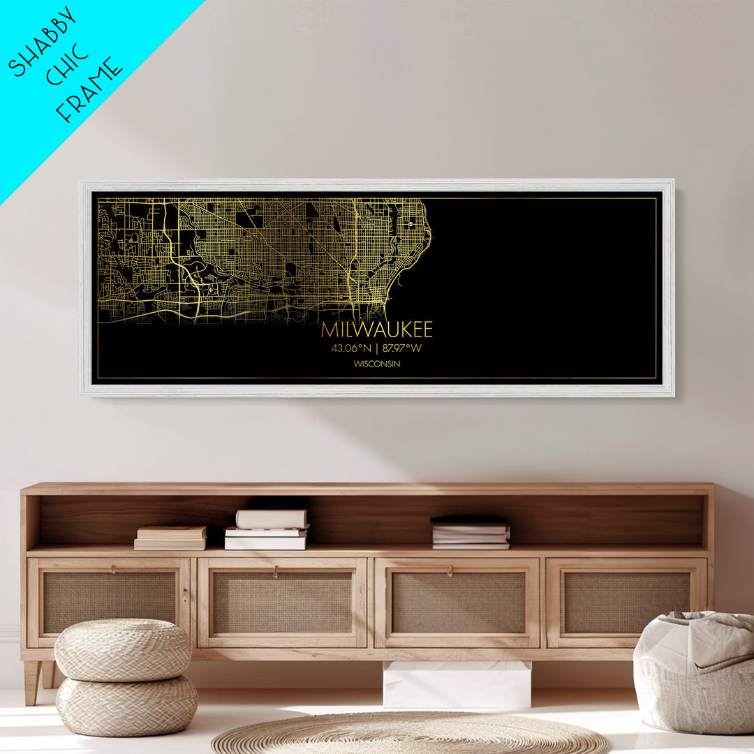 Milwaukee Wisconsin City street map, Panoramic art, black and gold, Metallic Gold Print, Metal Art, real wood frames, Minimalist Wall Art