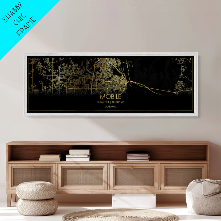 Mobile Alabama City street map, Panoramic art, black and gold, Metallic Gold Print, Metal Art, real wood frames, Housewarming Gift