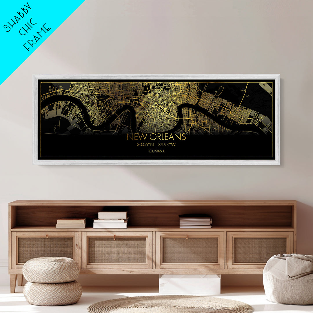 New Orleans Louisiana City street map, Panoramic art, black and gold, Metallic Gold Print, Metal Art, real wood frames, Housewarming Gift