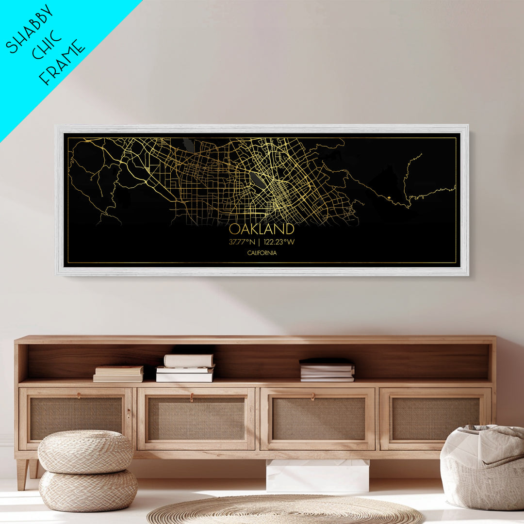 Oakland California City Poster, Panoramic street map, black and gold, Metallic Gold Art, Metal Art, wood framed map, City Road Map Poster