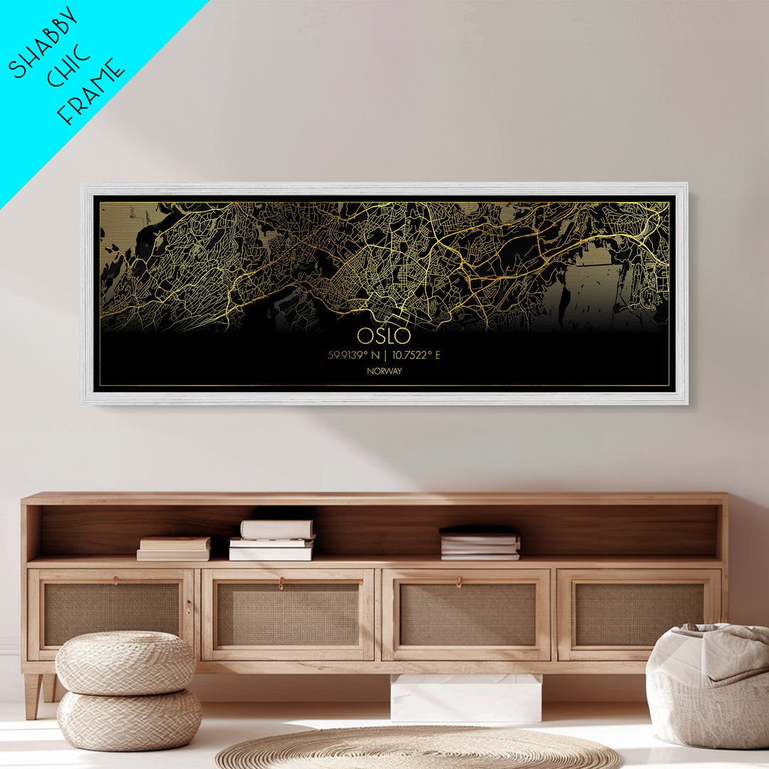 Oslo Norway City Poster, Panoramic street map, black and gold, Metallic Gold Art, Metal Art, wood framed map, City Map Print Poster