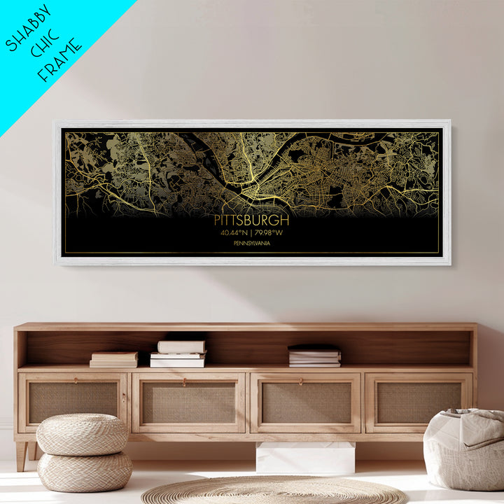 Pittsburgh Pennsylvania City Poster, Panoramic street map, black and gold, Metallic Gold Art, Metal Art, wood framed map, Closing Gift