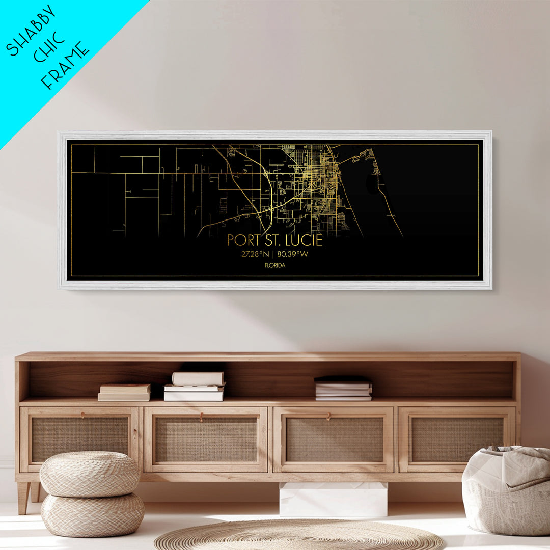 Port St. Lucie Florida City street map, Panoramic art, black and gold, Metallic Gold Print, Metal Art, real wood frames, Best Friend Gifts