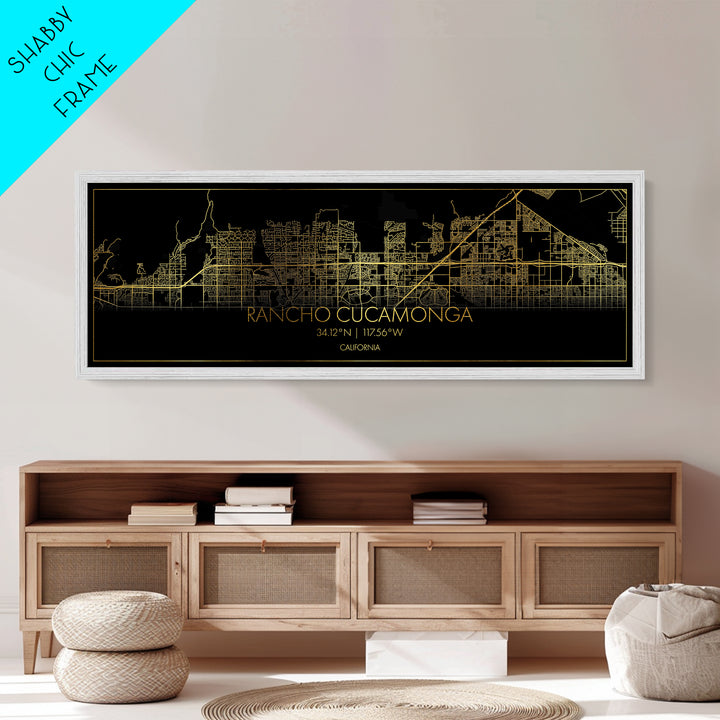 Rancho Cucamonga California street map, Panoramic art, black and gold, Metallic Gold Print, Metal Art, real wood frames, Housewarming Gift