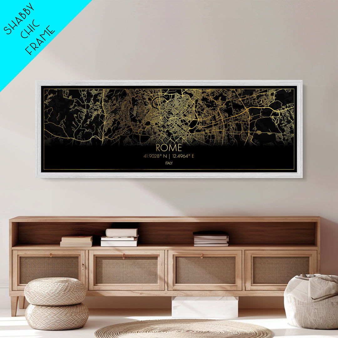 Rome Italy map, Panoramic art, black and gold, Metallic Gold Print, Metal Art, real wood frames, Street Map Art, City Map Print Poster