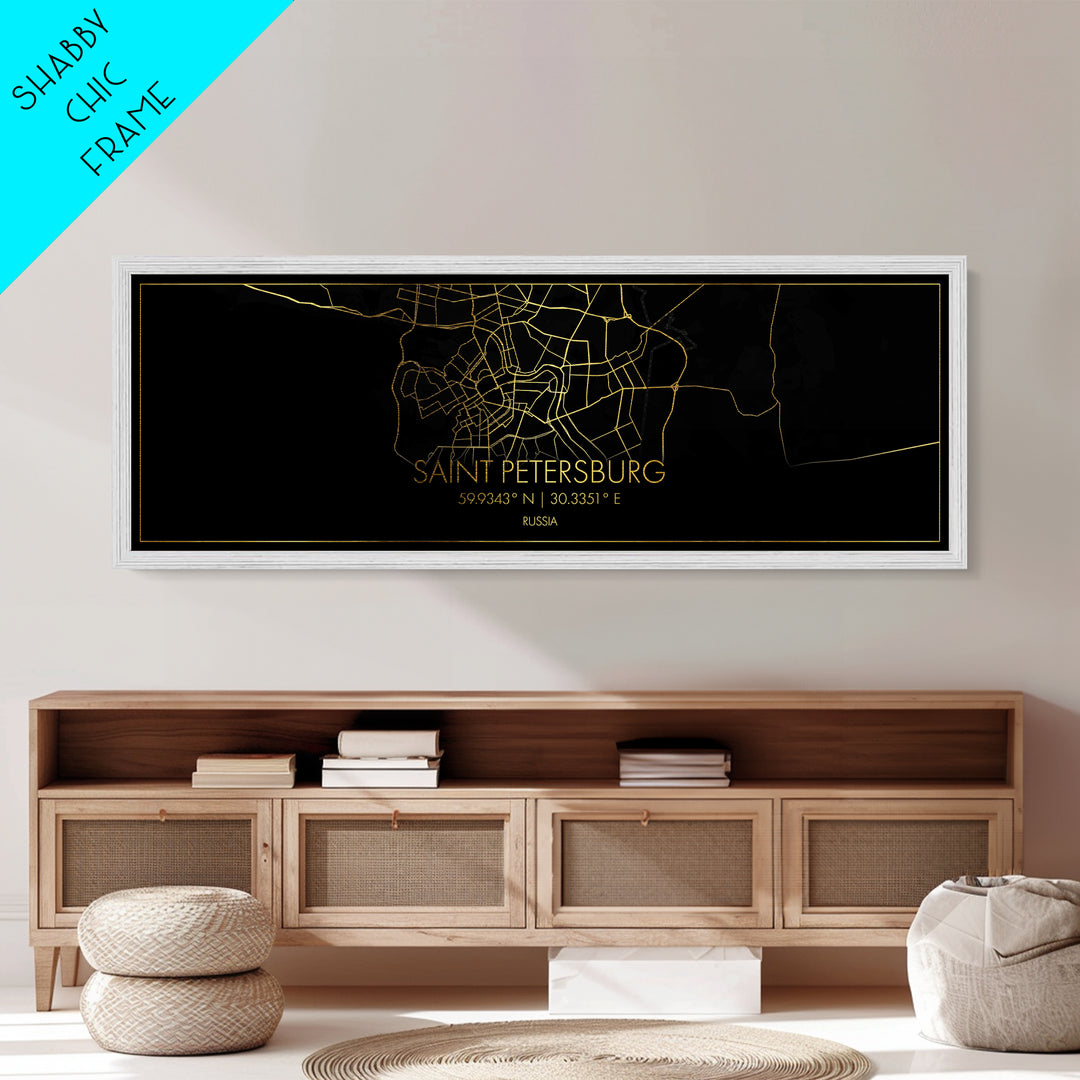 Saint Petersburg Russia City street map, Panoramic art, black and gold, Metallic Gold Print, Metal Art, real wood frames, Housewarming Gift