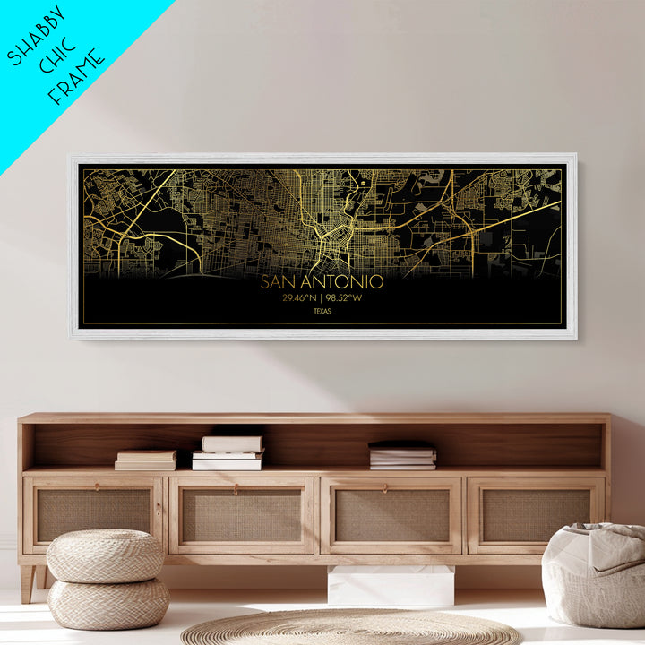 San Antonio Texas Poster, Panoramic street map, black and gold, Metallic Gold Art, Metal Art, wood framed map, Best Friend Gifts