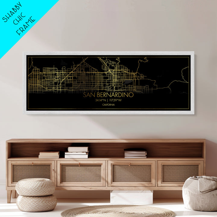 San Bernardino California City street map, Panoramic art, black and gold, Metallic Gold Print, Metal Art, real wood frames, Modern House Art