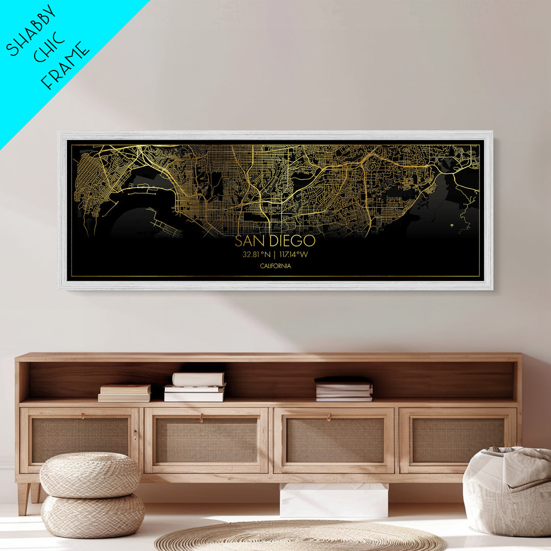 San Diego California City Poster, Panoramic street map, black and gold, Metallic Gold Art, Metal Art, wood framed map, City Map Print Poster