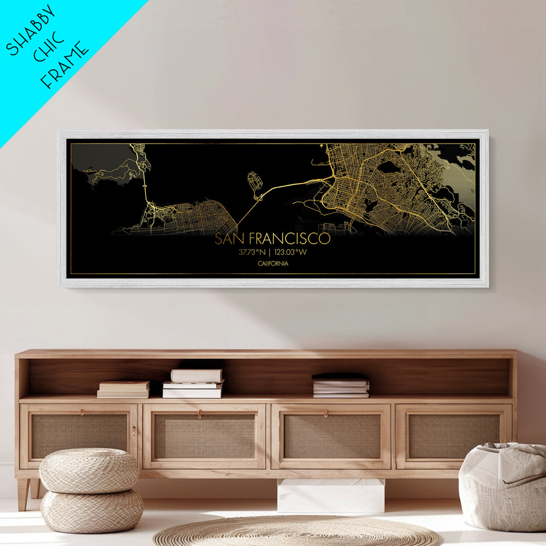 San Francisco California City street map, Panoramic art, black and gold, Metallic Gold Print, Metal Art, real wood frames, Housewarming Gift