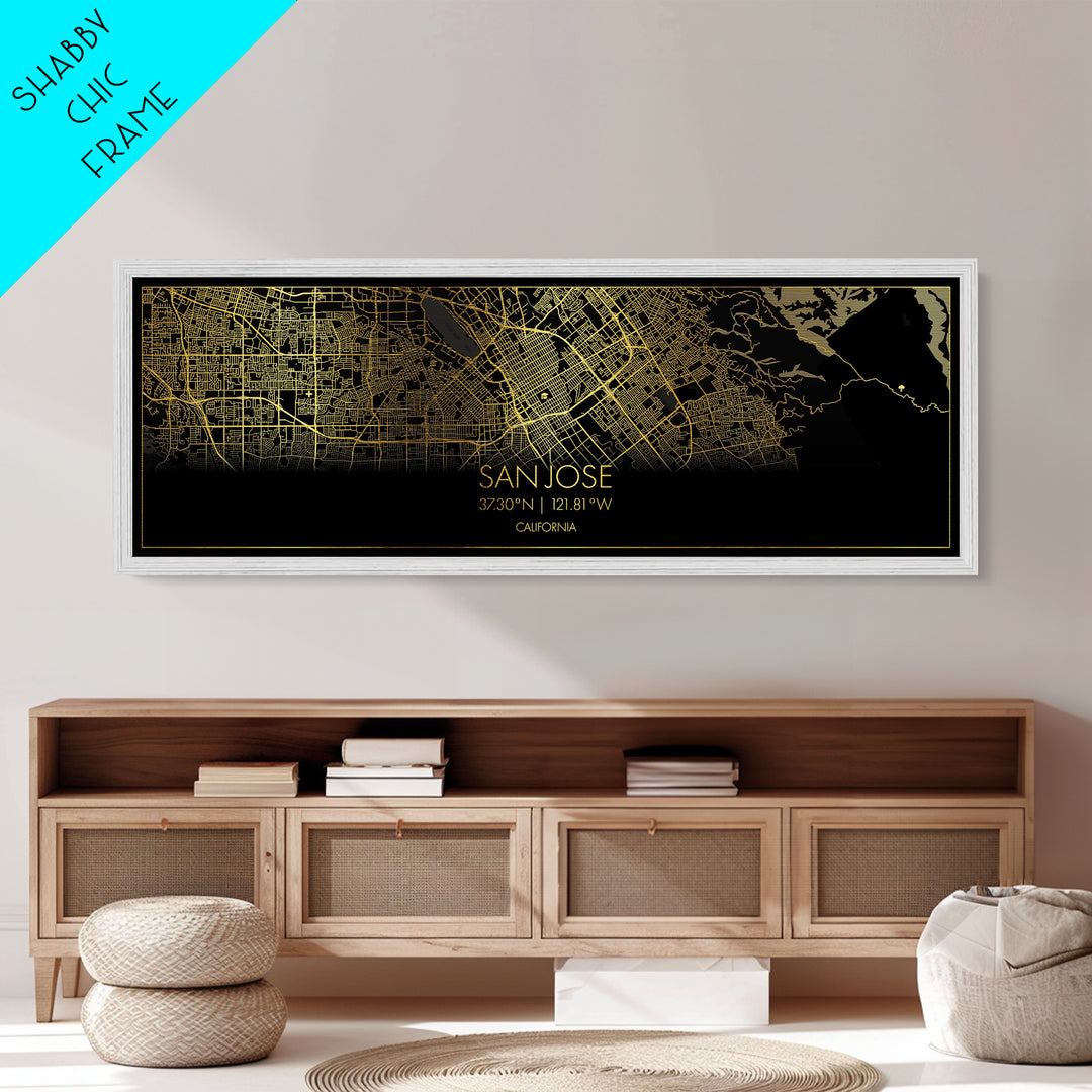 San Jose California City Poster, Panoramic street map, black and gold, Metallic Gold Art, Metal Art, wood framed map, Map Print Poster