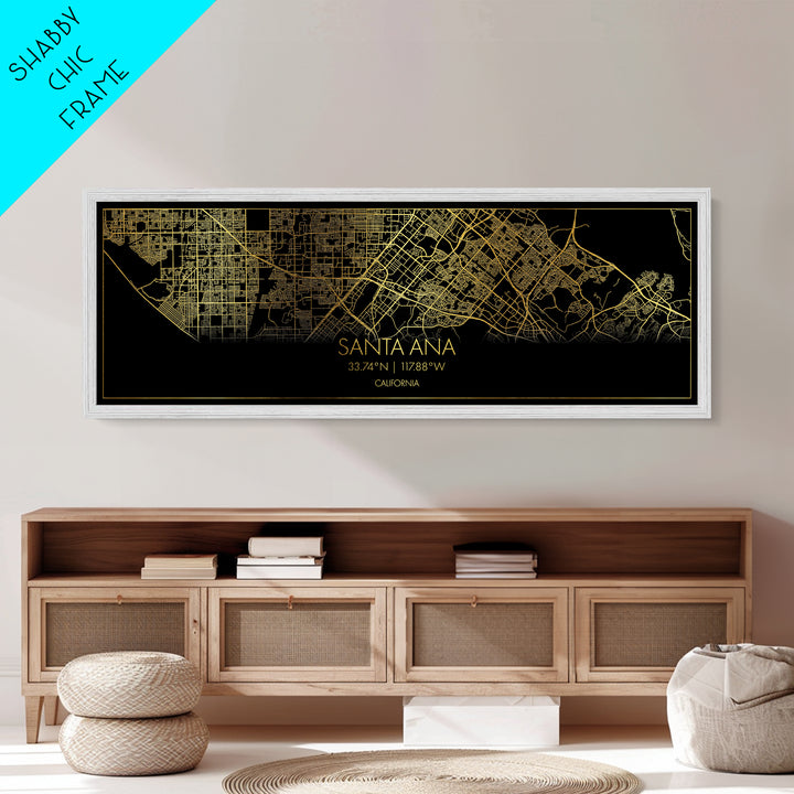 Santa Ana California City street map, Panoramic art, black and gold, Metallic Gold Print, Metal Art, real wood frames, Office Décor