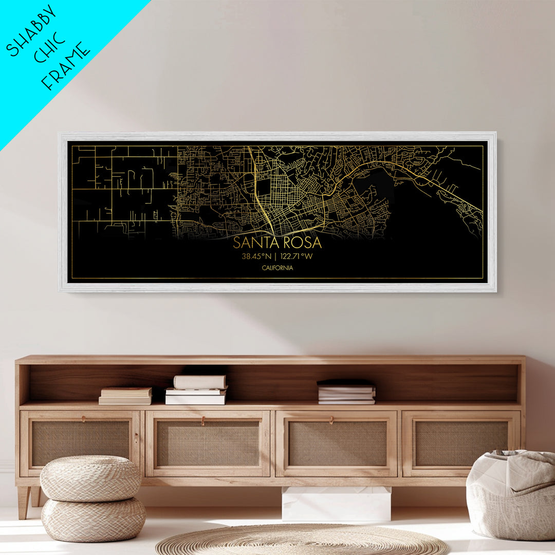 Santa Rosa California City street map, Panoramic art, black and gold, Metallic Gold Print, Metal Art, real wood frames, College Dorm Décor