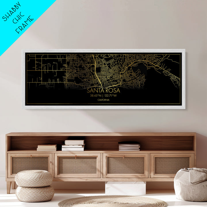 Santa Rosa California City street map, Panoramic art, black and gold, Metallic Gold Print, Metal Art, real wood frames, College Dorm Décor