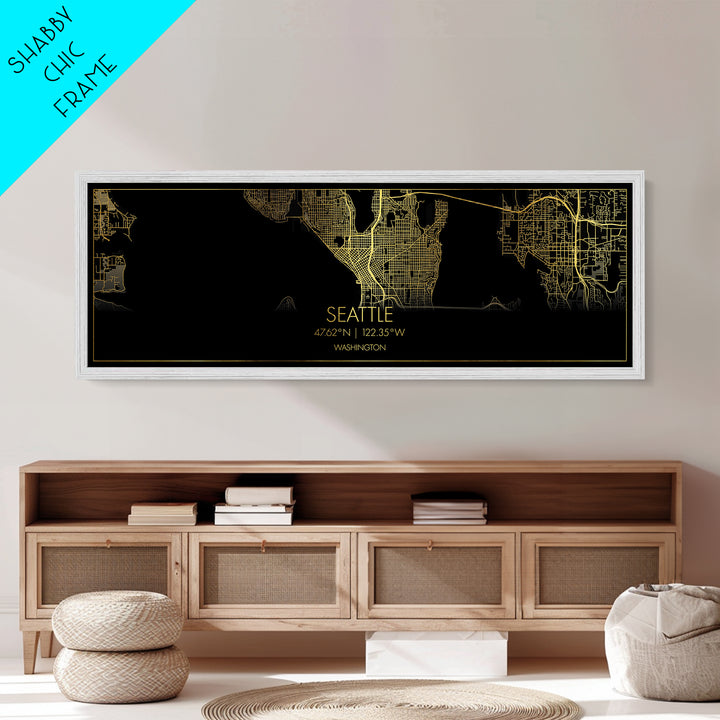 Seattle Washington City street map, Panoramic art, black and gold, Metallic Gold Print, Metal Art, real wood frames, Office Décor