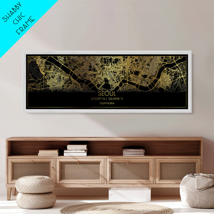 Seoul South Korea City Poster, Panoramic street map, black and gold, Metallic Gold Art, Metal Art, wood framed map, Modern Wall Art