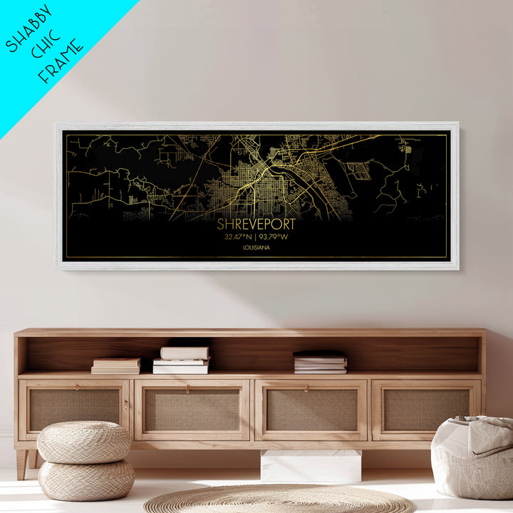 Shreveport Louisiana City street map, Panoramic art, black and gold, Metallic Gold Print, Metal Art, real wood frames, Housewarming Gift