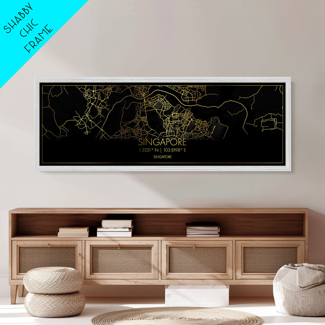 Singapore Singapore City Poster, Panoramic street map, black and gold, Metallic Gold Art, Metal Art, wood framed map, Office Décor