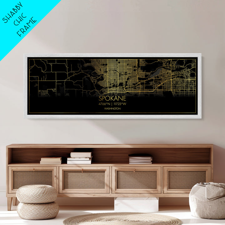 Spokane Washington City street map, Panoramic art, black and gold, Metallic Gold Print, Metal Art, real wood frames, Office Décor