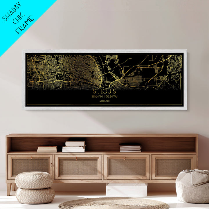 St. Louis Missouri map, Panoramic art, black and gold, Metallic Gold Print, Metal Art, real wood frames, Housewarming Gift, Map Print Poster