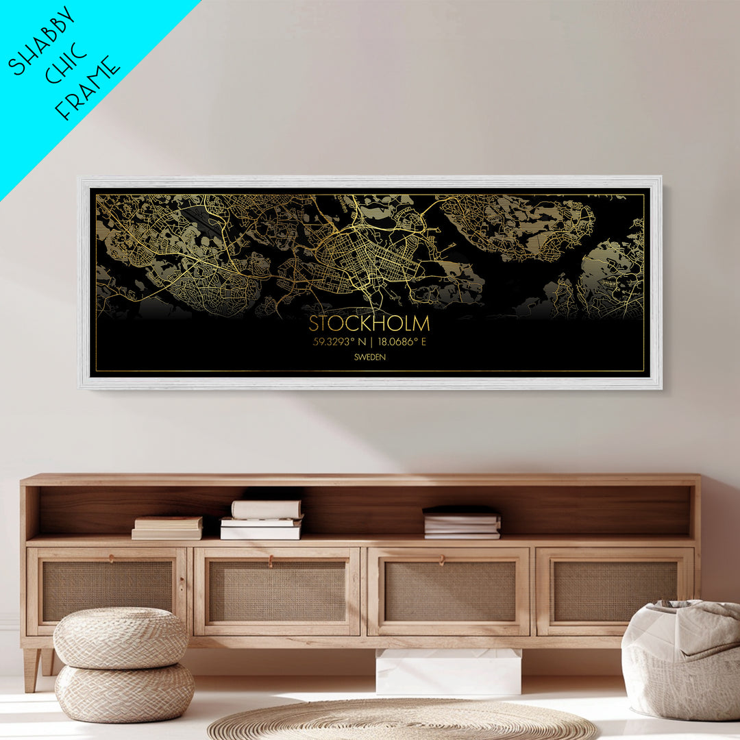 Stockholm Sweden City Poster, Panoramic street map, black and gold, Metallic Gold Art, Metal Art, wood framed map, Office Décor