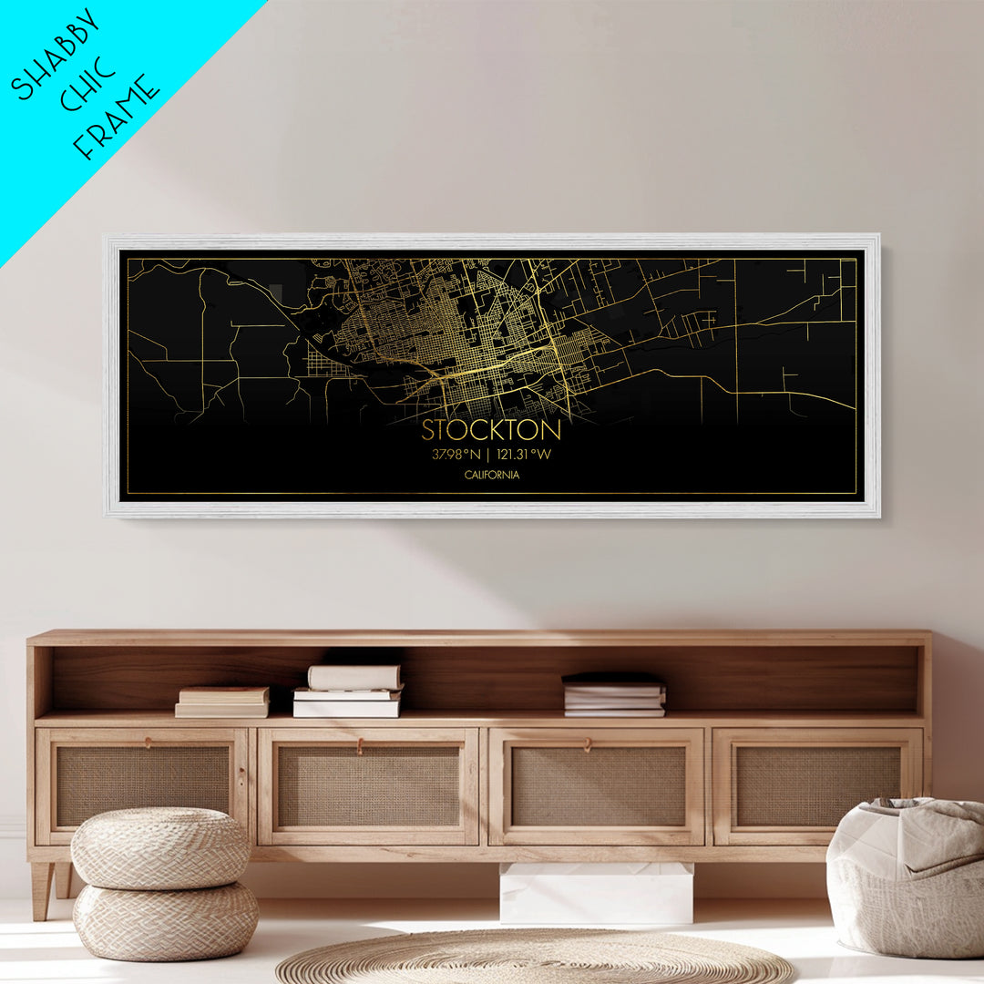 Stockton California City Poster, Panoramic street map, black and gold, Metallic Gold Art, Metal Art, wood framed map, Wall Art, Closing Gift