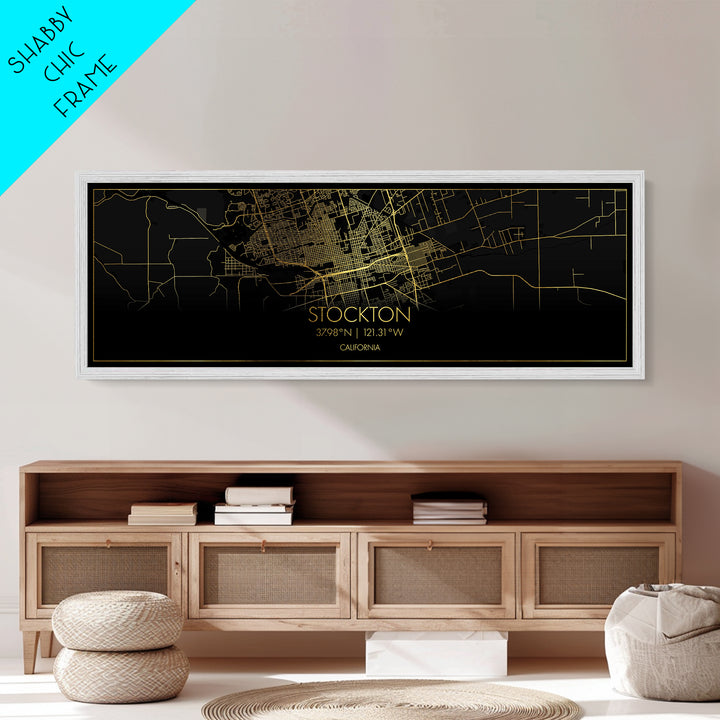 Stockton California City Poster, Panoramic street map, black and gold, Metallic Gold Art, Metal Art, wood framed map, Wall Art, Closing Gift